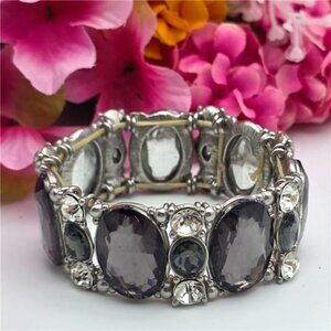 Silver Tone Clear & Gray Crystal Stretch Bracelet 24mm Wide Statement 7" Sizable